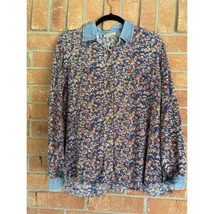 Vintage Khaki Rose Womens Floral Print Button-Up Shirt 1X Cotton Denim Collar